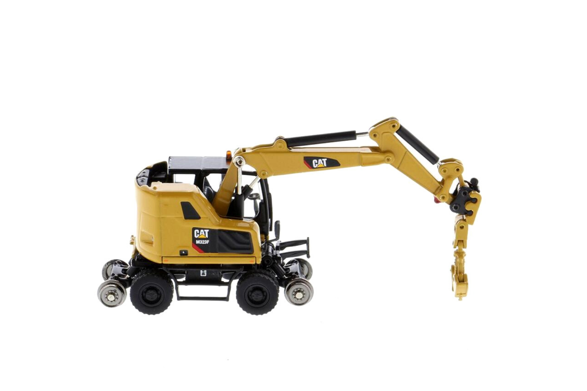 1:87 Cat® M323F Railroad Wheeled Excavator, Cat® Yellow with 3 