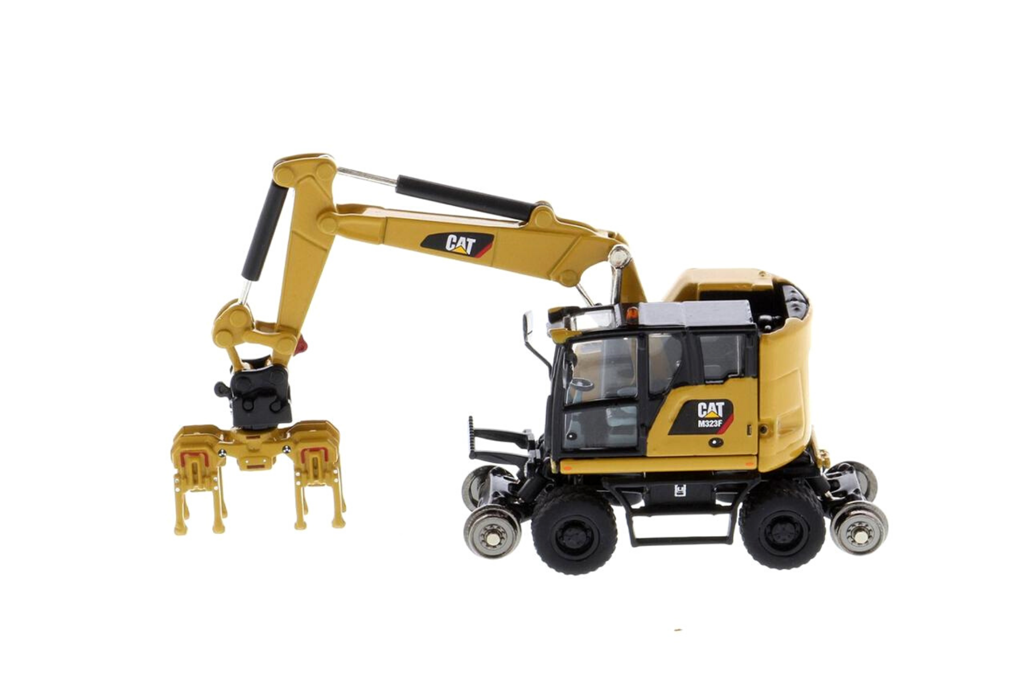 1:87 Cat® M323F Railroad Wheeled Excavator, Cat® Yellow with 3 